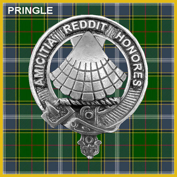 a silver badge with a crest and text, set against a background of a plaid pattern.