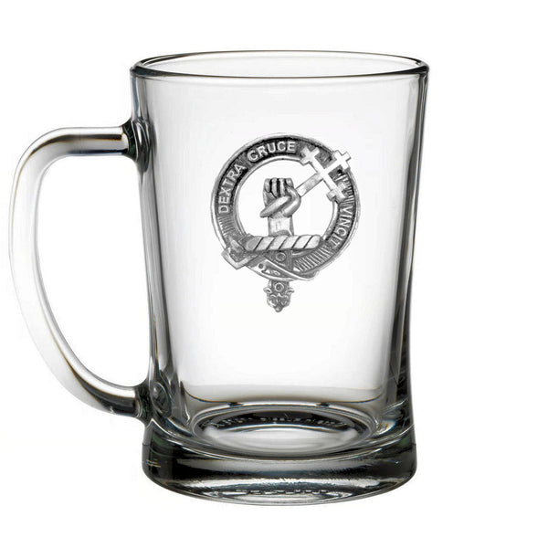 A clear glass mug with an embossed emblem featuring a hand holding a cross and the text "DEATH CRUCE" around the edge.