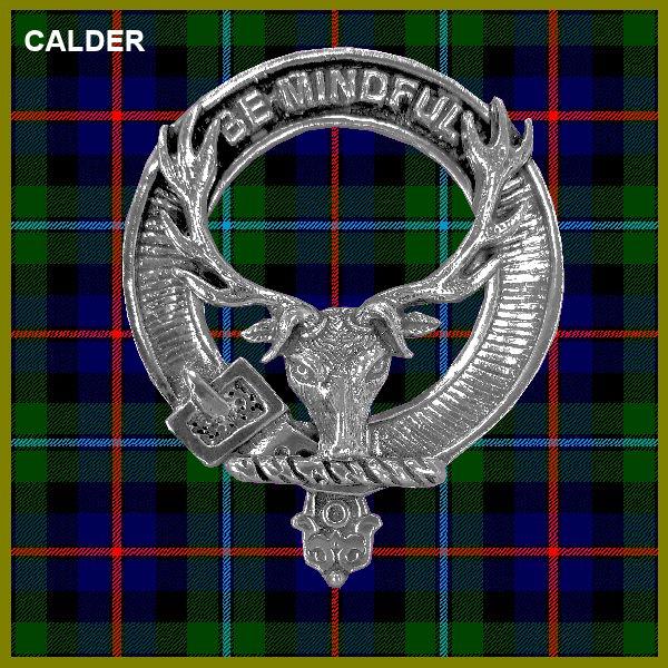 a silver metal emblem with a deer head and antlers, set against a background of a tartan plaid pattern.