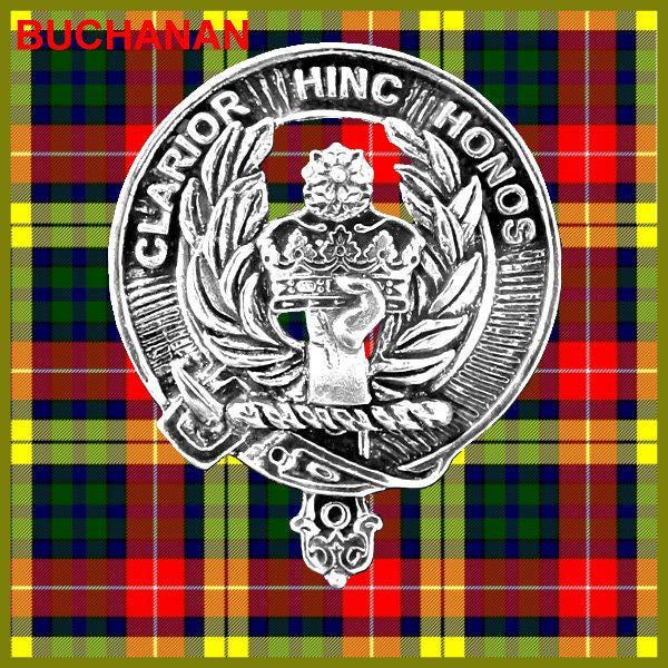 a silver badge with a crest and text, set against a background of a colorful plaid pattern.