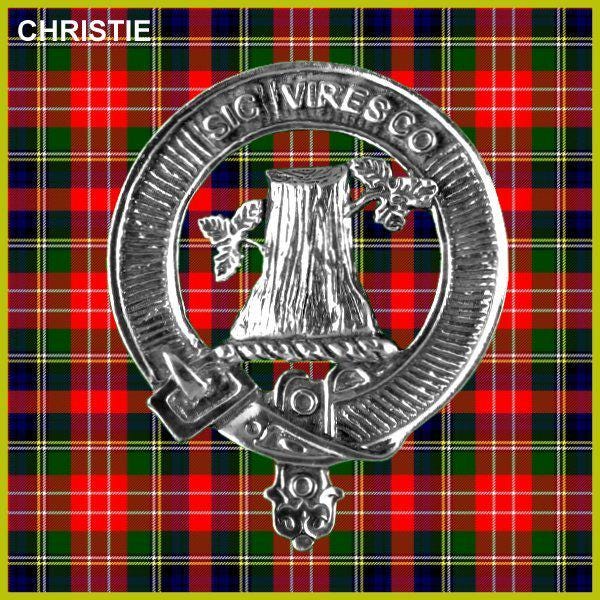 A silver metal emblem with a tree trunk and leaves, surrounded by a decorative border, against a background of a red and green plaid pattern.