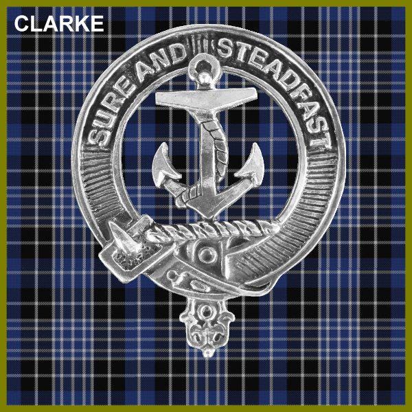 A silver metal badge with a blue and white plaid background.