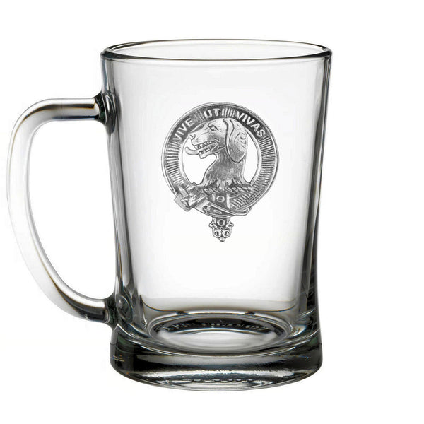 A clear glass mug with an embossed design featuring a dog's head and the text "VIVE NOT VIVAS" inside a circular emblem.