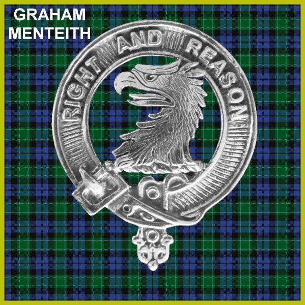 a silver eagle crest with the text "Right and Reason" around it, set against a background of a green and blue plaid pattern.