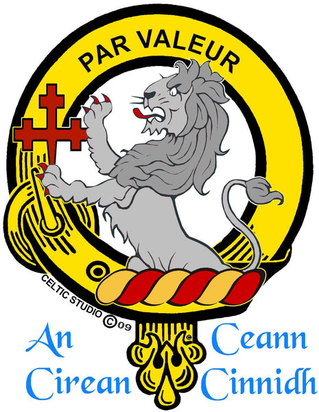 a crest with a lion and a cross, surrounded by a yellow and black design.