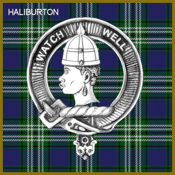 A metal emblem featuring a profile of a person wearing a hat, with the text "WATCH WELL" around the edge. The background is a plaid pattern in shades of blue and green.