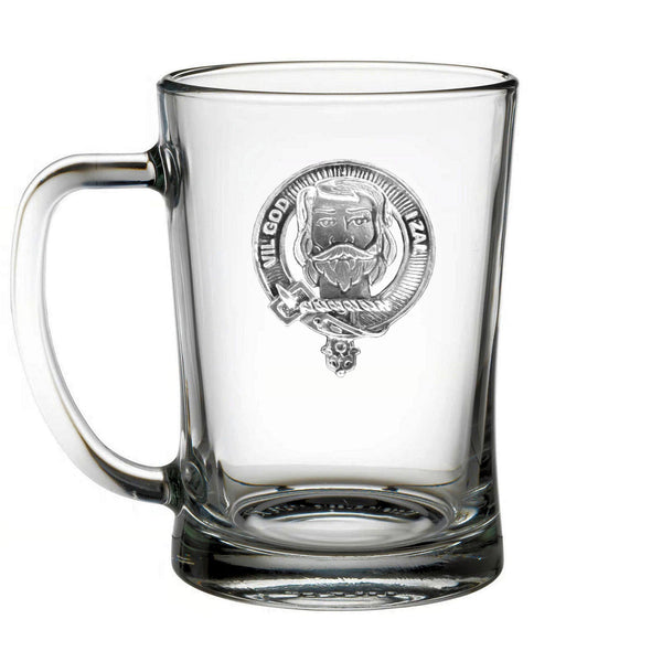 A clear glass mug with an embossed design featuring a bearded man's face and the text "VIL GOD ZIA" around the edge.