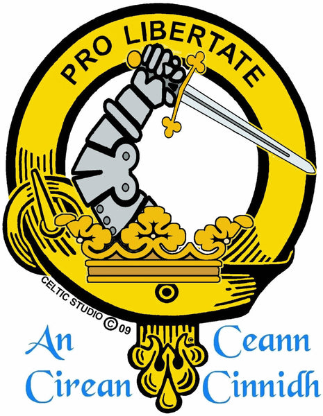 a crest with a knight holding a sword, surrounded by decorative elements and text.