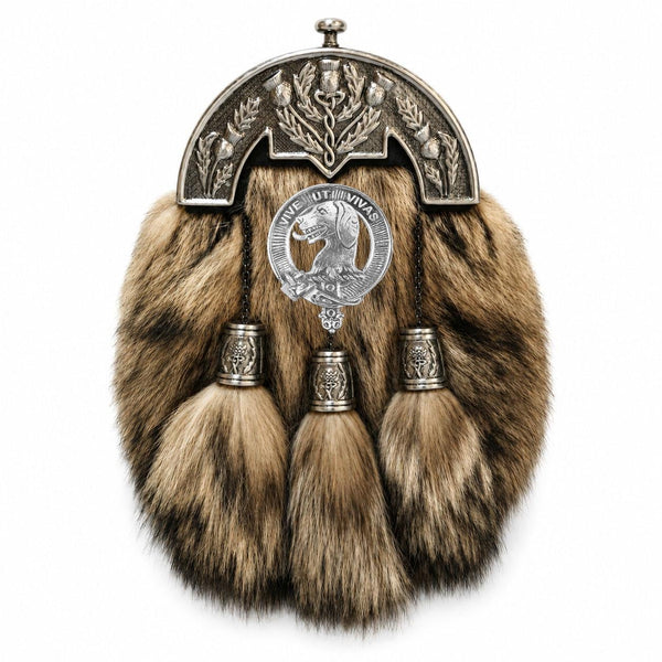 A fur-trimmed tartan kilt with metal accents, including a badge with a crest and tassels.
