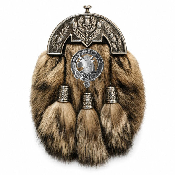 A fur-trimmed kilt with metal tassels and a metal emblem on the front.