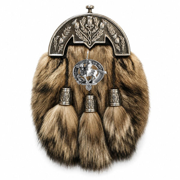 A decorative fur-trimmed bag or kilt with metal accents and tassels.