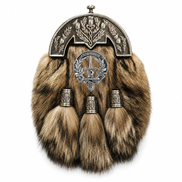 A decorative fur-trimmed kilt or kilt with metal accents, including a badge or emblem, and tassels.