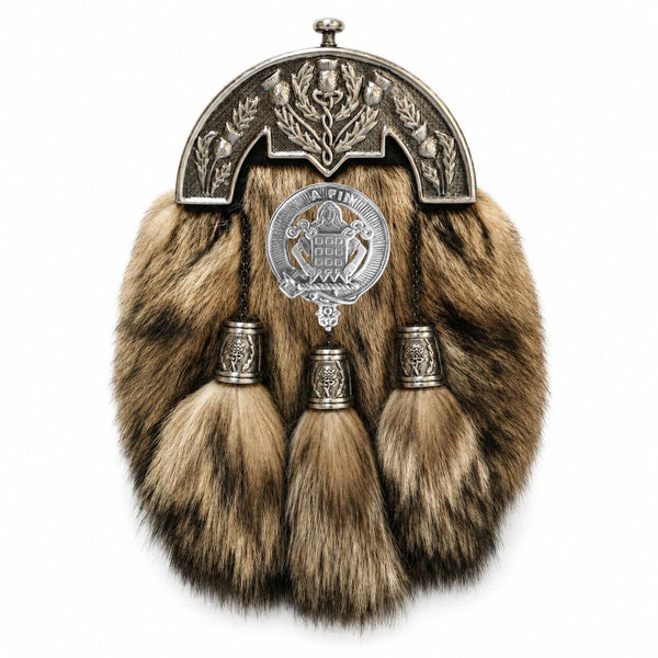 A decorative fur-trimmed bag or kilt with metal accents and tassels.
