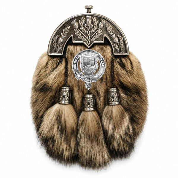 A fur-trimmed tartan kilt with metal accents, including a badge and tassels.