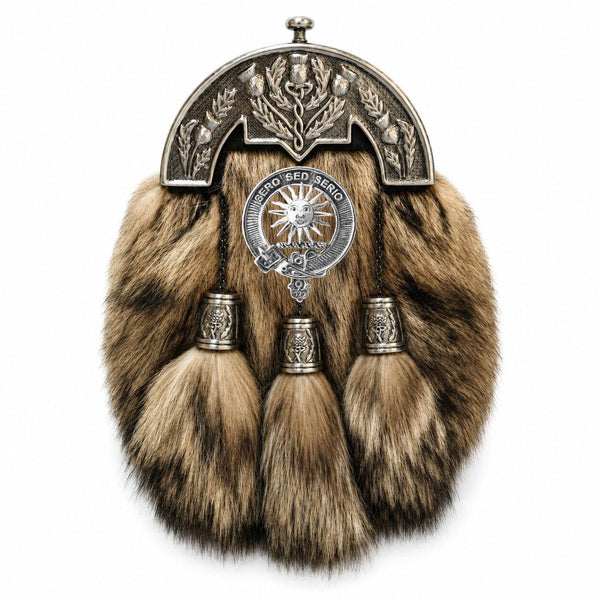 A fur-trimmed kilt with a metal buckle and tassels, featuring a crest-like emblem in the center.