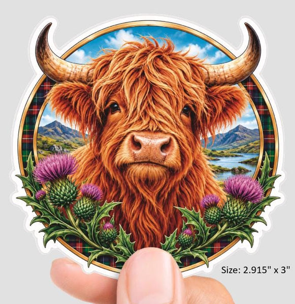 Highland Cow Scottish Sticker – Thistle & Tartan Design – 3" x 2.915"