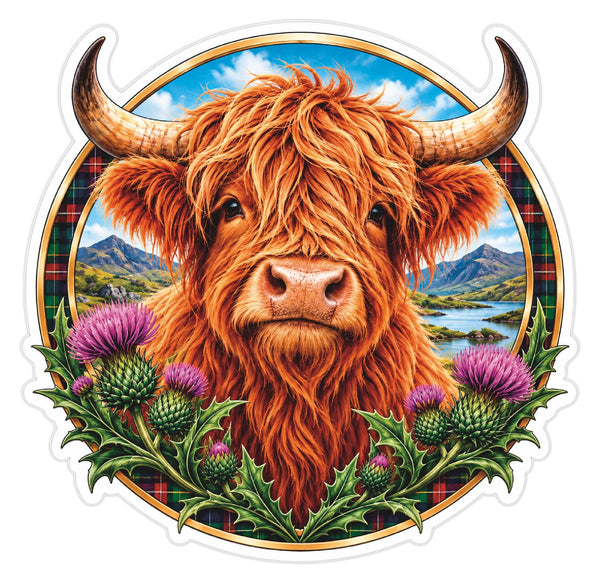 Highland Cow Scottish Sticker – Thistle & Tartan Design – 3" x 2.915"