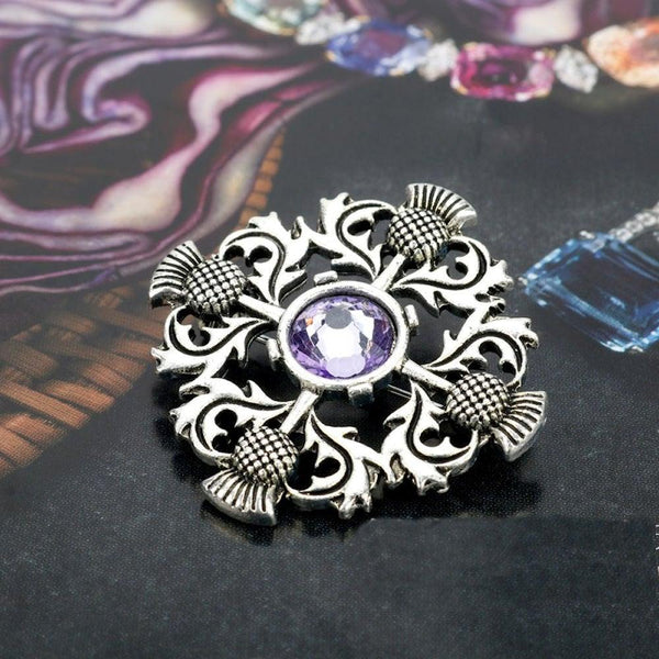 Four Thistle Scottish Amethyst Brooch - Pewter