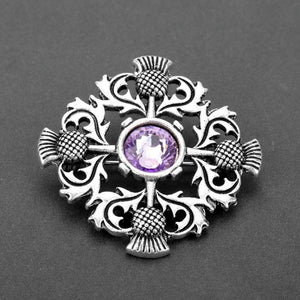 Four thistle Scottish brooch with amethyst stone in pewter