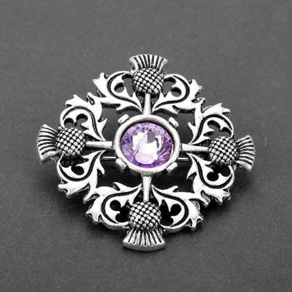 Four Thistle Scottish Amethyst Brooch - Pewter