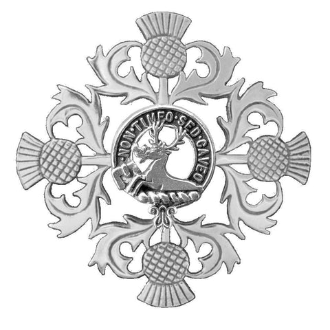Strachan Clan Crest Scottish Four Thistle Brooch