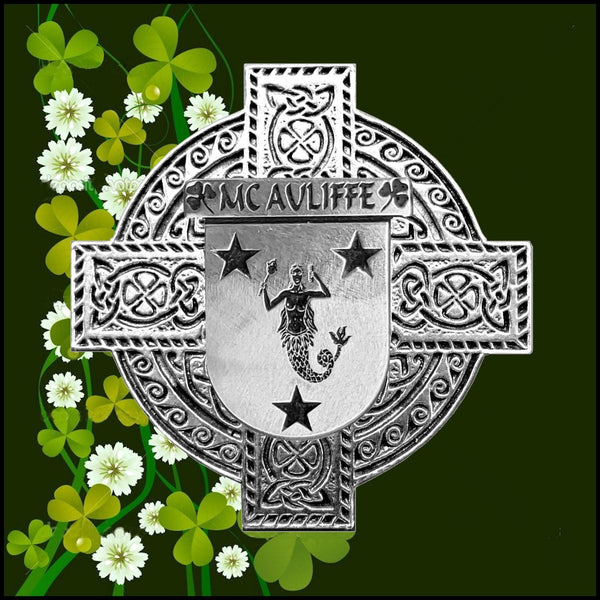McAuliffe Irish Coat of Arms Celtic Cross Badge