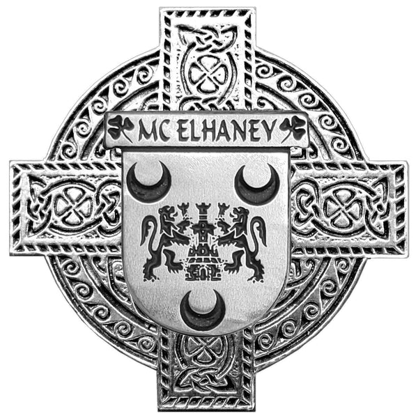 McElhaney Irish Coat of Arms Celtic Cross Badge