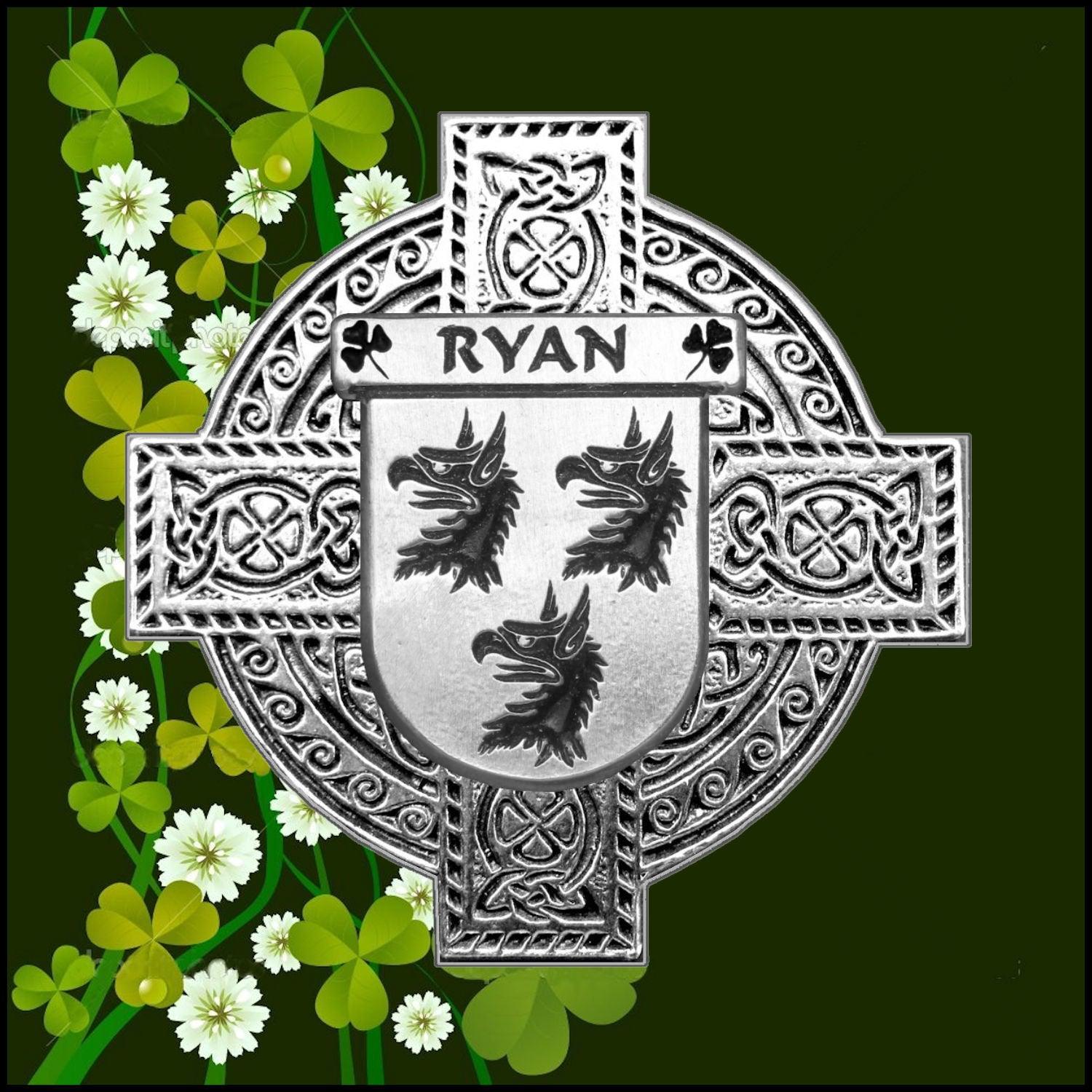 Ryan Irish Family Coat Of Arms Celtic Cross Badge