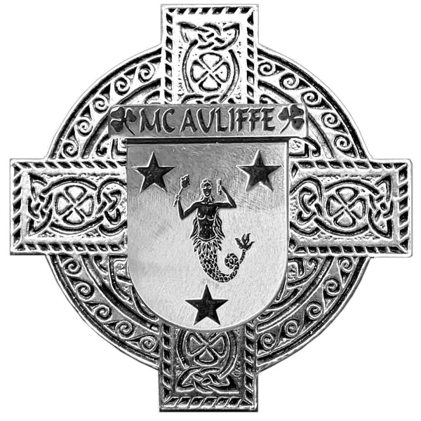 McAuliffe Irish Coat of Arms Celtic Cross Badge