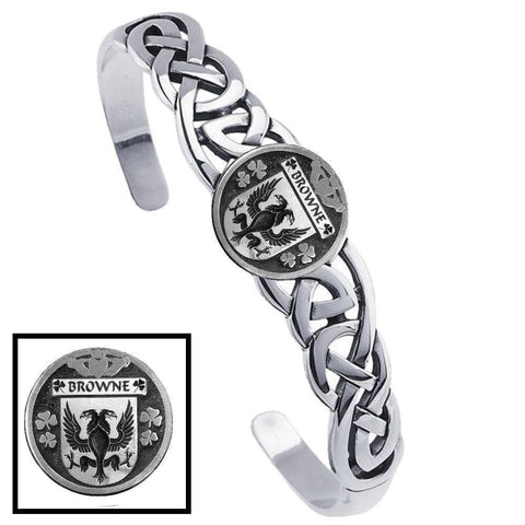 Brown Irish Coat of Arms Disk Cuff Bracelet - Sterling Silver