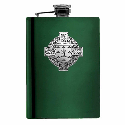 Gallagher Irish Celtic Cross Badge 8 oz. Flask Green, Black or Stainless