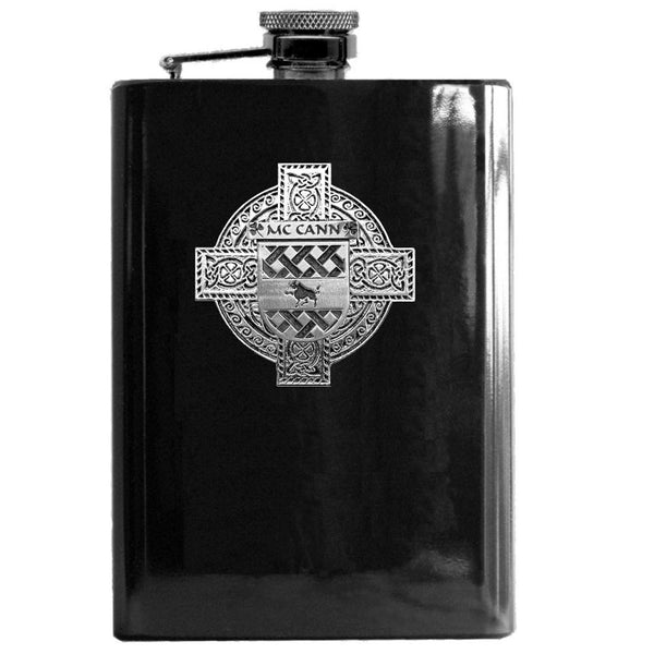 McCann Irish Celtic Cross Badge 8 oz. Flask Green, Black or Stainless