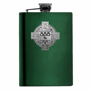 McCann Irish Celtic Cross Badge 8 oz. Flask Green, Black or Stainless