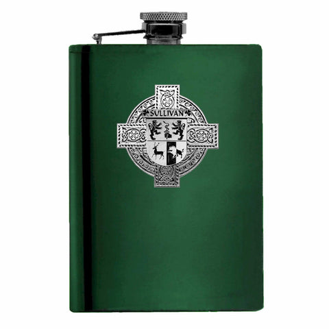 Sullivan Irish Celtic Cross Badge 8 oz. Flask Green, Black or Stainless