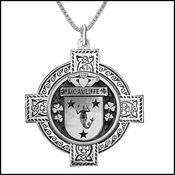 McAuilffe Irish Coat of Arms Celtic Cross Pendant ~ IP04