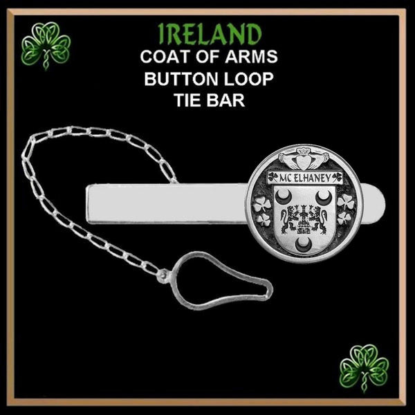McElhanay Irish Coat of Arms Disk Loop Tie Bar ~ Sterling silver