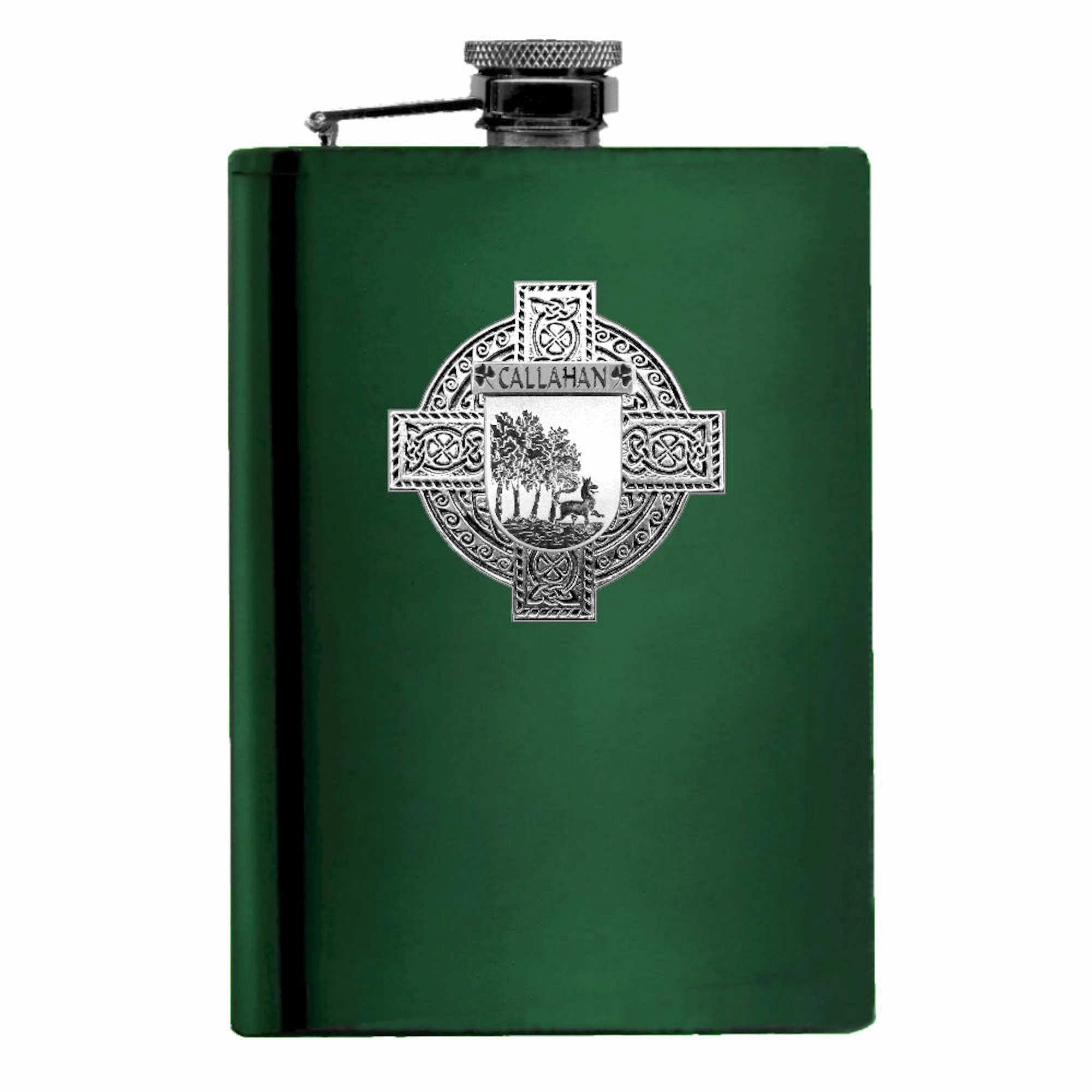 Callahan Irish Celtic Cross Badge 8 oz. Flask Green, Black or Stainless