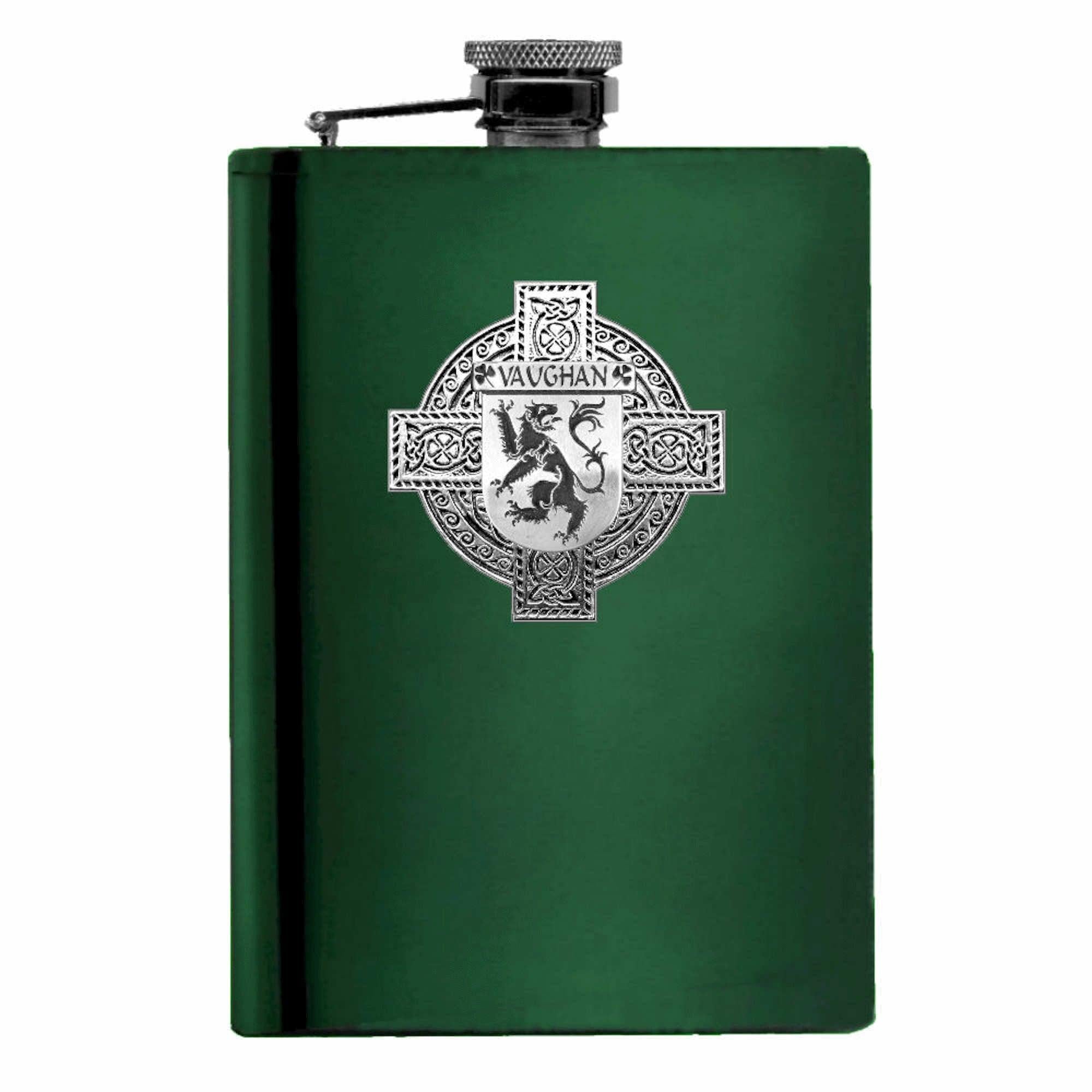 Vaughan Irish Celtic Cross Badge 8 oz. Flask Green, Black or Stainless