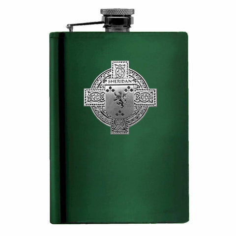 Sheridan Irish Celtic Cross Badge 8 oz. Flask Green, Black or Stainless