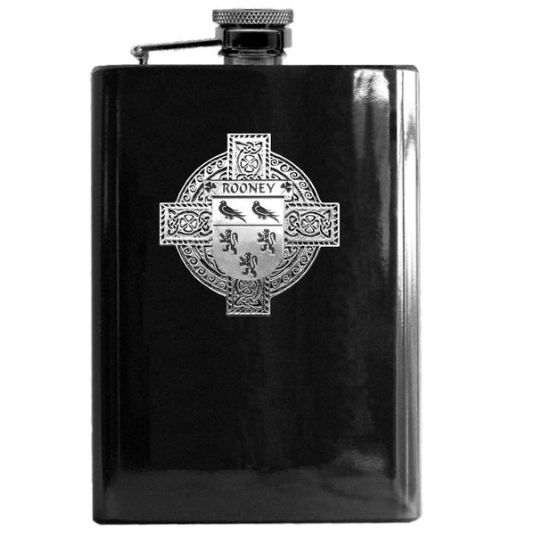 Rooney Irish Celtic Cross Badge 8 oz. Flask Green, Black or Stainless