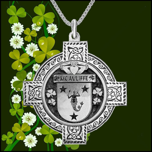 McAuilffe Irish Coat of Arms Celtic Cross Pendant ~ IP04