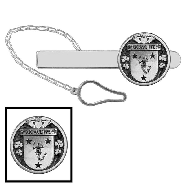 McAuliffe Irish Coat of Arms Disk Loop Tie Bar ~ Sterling silver