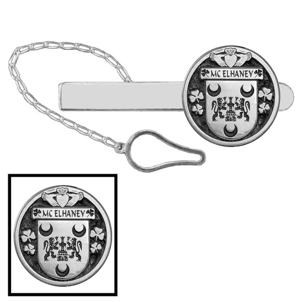 McElhanay Irish Coat of Arms Disk Loop Tie Bar ~ Sterling silver