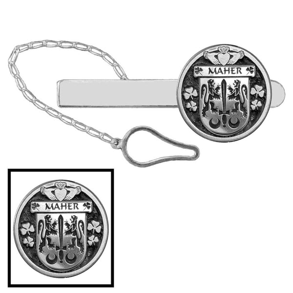 Maher Irish Coat of Arms Disk Loop Tie Bar ~ Sterling silver
