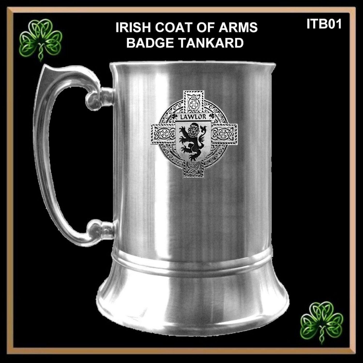 Lawlor Irish Coat Of Arms Badge Stainless Steel Tankard