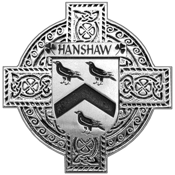 Hanshaw Irish Family Coat Of Arms Celtic Cross Badge