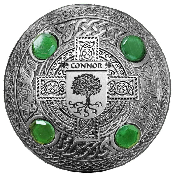 O'Connor Don Irish Coat of Arms Celtic Cross Plaid Brooch with Green Stones