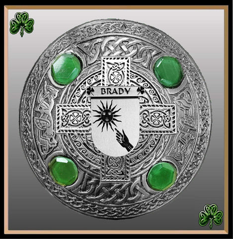 Brady Irish Coat of Arms Celtic Cross Plaid Brooch with Green Stones