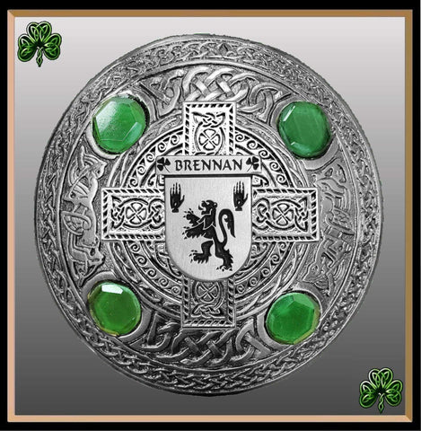Brennan Irish Coat of Arms Celtic Cross Plaid Brooch with Green Stones