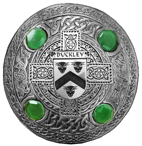 Buckley Irish Coat of Arms Celtic Cross Plaid Brooch with Green Stones